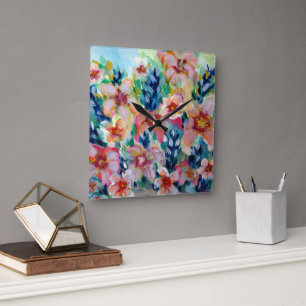 Ausdrucksvolle farbenfrohe Blumenuhr vollständig a Quadratische Wanduhr