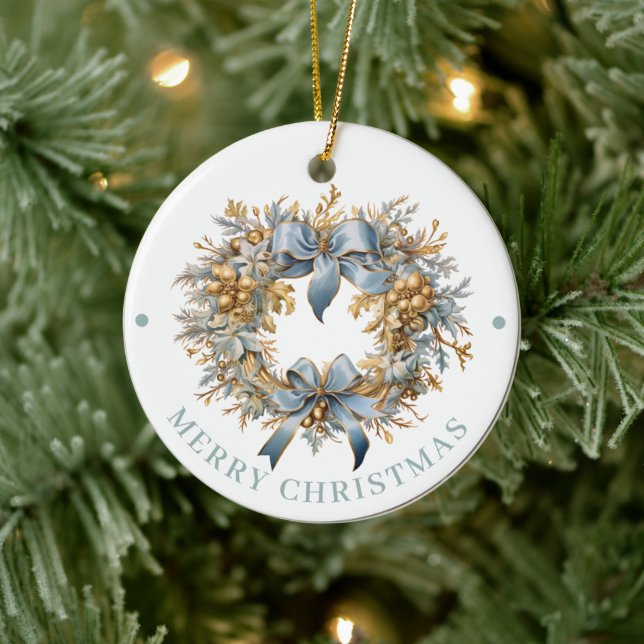 Ausgearbeiteter blauer und goldener Weihnachtskran Keramik Ornament (Baum)