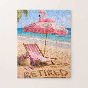 Ausgedientes Flamingo-Strandstuhl- und Sonnenschir Puzzle