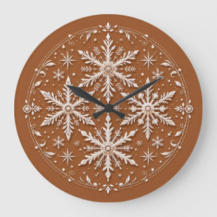 Ausgefallene komplizierte weiße Schneeflocken Große Wanduhr