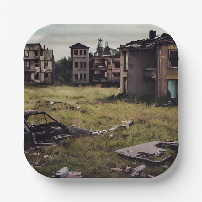 Ausgegebene Gebäude | Vernichtung nach der Apokaly Pappteller (Vorderseite)