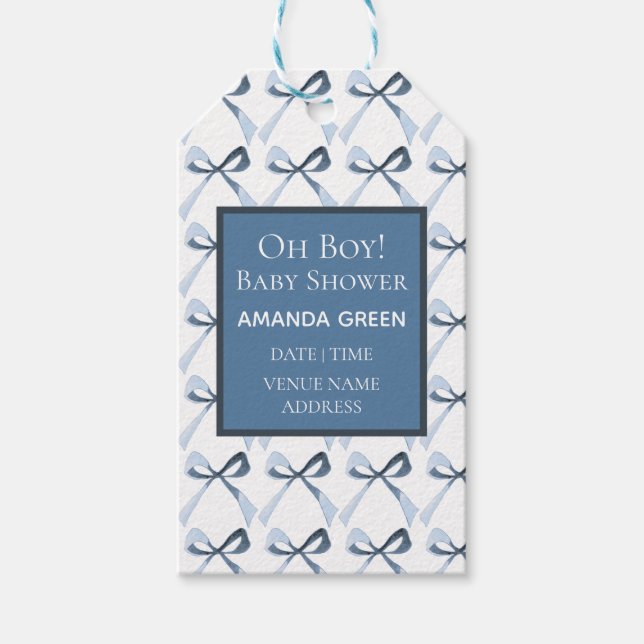 Ausgeklügelte Coquette, Blue Bows Baby Dusche Geschenkanhänger (Vorderseite)