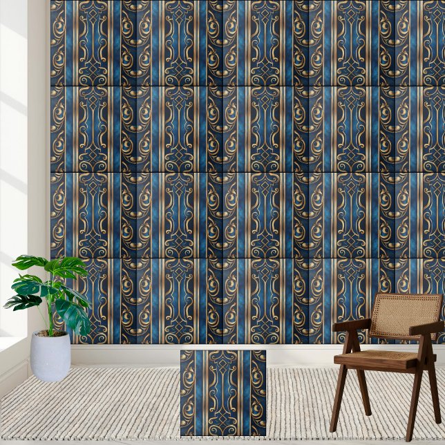 Ausgeklügeltes griechisches Muster in Blau und Gol Fliese (Sophisticated Blue and Gold Greek Pattern Tile)