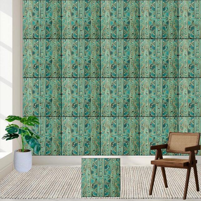 Ausgereifte Aquamarine und goldene griechische Mus Fliese (Sophisticated Teal and Gold Greek Key Pattern Tile)