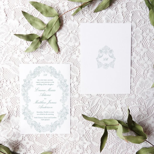 Ausgereifte klassische Skripte Dusty Blue Wedding Einladung (dusty blue and white victorian rococo wedding invitation with botanical crest & floral illustrations)