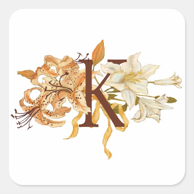 Ausgereifter Blumenbrief "K" Monogramm Quadratischer Aufkleber (Vorderseite)