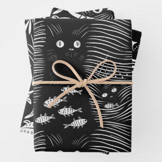 Ausgereiftes schwarzes Katzenflachdesign Geschenkpapier Set
