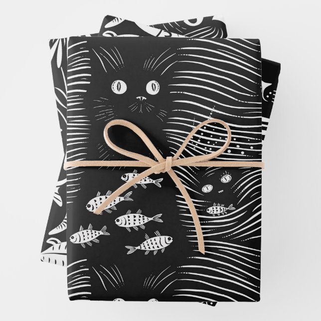 Ausgereiftes schwarzes Katzenflachdesign Geschenkpapier Set (Beispiel)