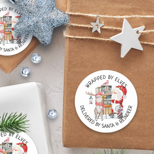Ausgestellt von Santa und Rentier Runder Aufkleber (Delivered by Santa christmas sticker for kids)