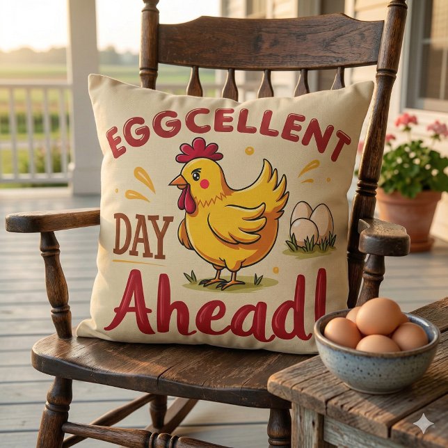Ausgezeichneter Tag auf der sonnigen Hühnerfarm Kissen (Eggcellent Day Ahead Funny Chicken Farm Throw Pillow Mockup A)
