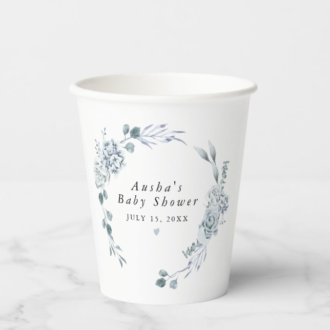 AUSHA Dusty Blue Floral Boy Baby Dusche Pappbecher (Vorderseite)