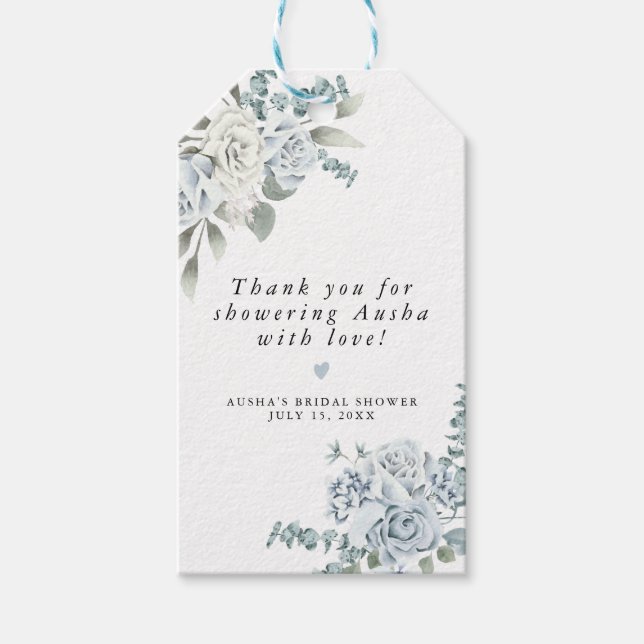 AUSHA Dusty Blue Floral Brautparty Bevorzugung Geschenkanhänger (Vorderseite)