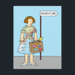 Ausländisches Abenteuer Bon Voyage für sie Postkarte<br><div class="desc">Eine Dame in einem Kleid,  das ein Kartenmuster hat und einen Koffer hält,  steht an einem Straßenschild,  auf dem "Abenteuer" steht.</div>