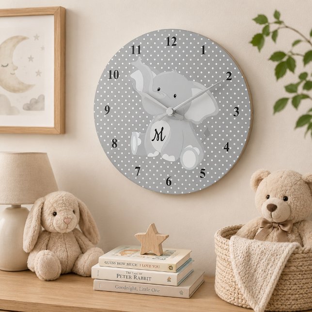 Auslösende Monogramm-Elefant-Polka-Punkte Große Wanduhr (Von Creator hochgeladen)