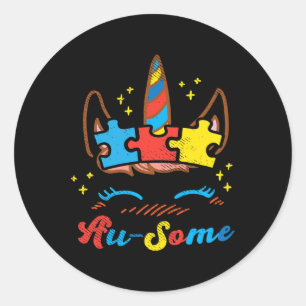 Ausome Unicorn Gesicht Puzzle Autismus Bewusstsein Runder Aufkleber