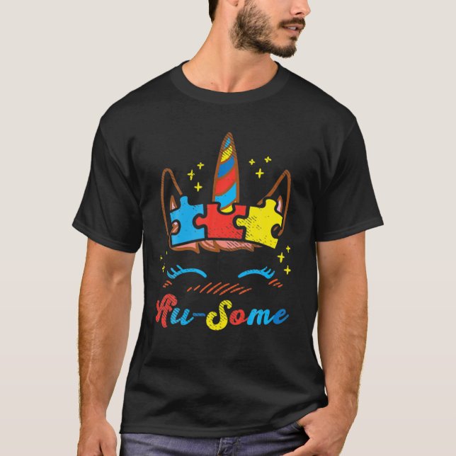 Ausome Unicorn Gesicht Puzzle Autismus Bewusstsein T-Shirt (Vorderseite)