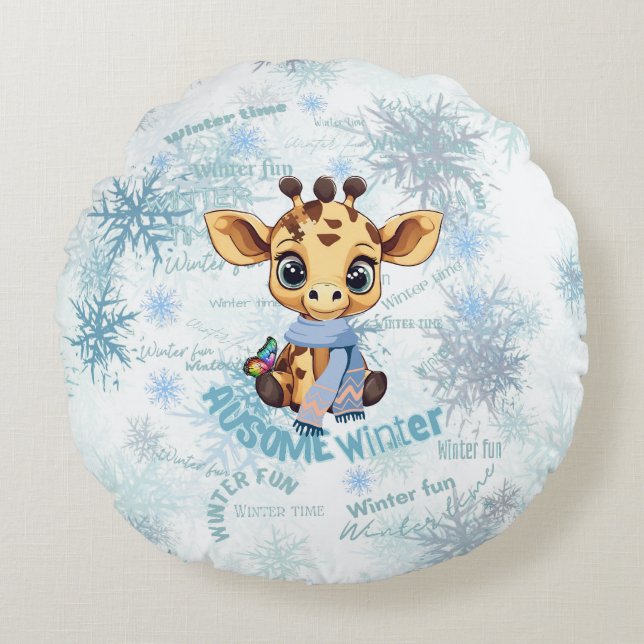 AUsome Winter Giraffe – Cute Autism Awareness Snow Rundes Kissen (Vorderseite)