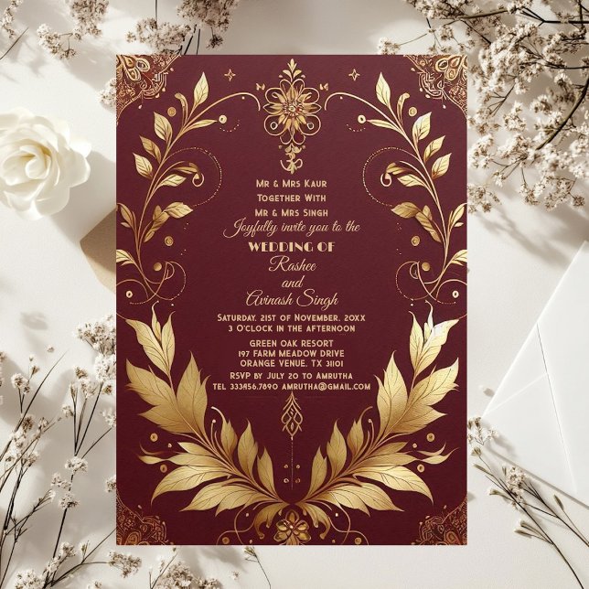 Auspicious Gold Ornate Maroon Leafy Swirls Indian Einladung (Auspicious Gold Ornate Maroon Leafy Swirls Indian Invitation)