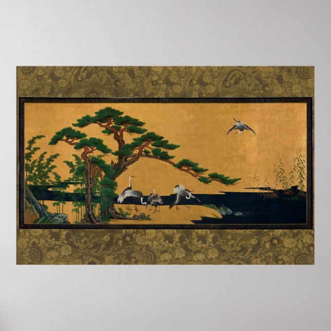 Auspicious pine, bamboo, Plum, Crane, and, turtles Poster (Vorne)