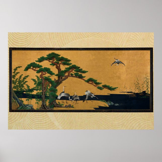 Auspicious pine, bamboo, Plum, Crane, and, turtles Poster (Vorne)