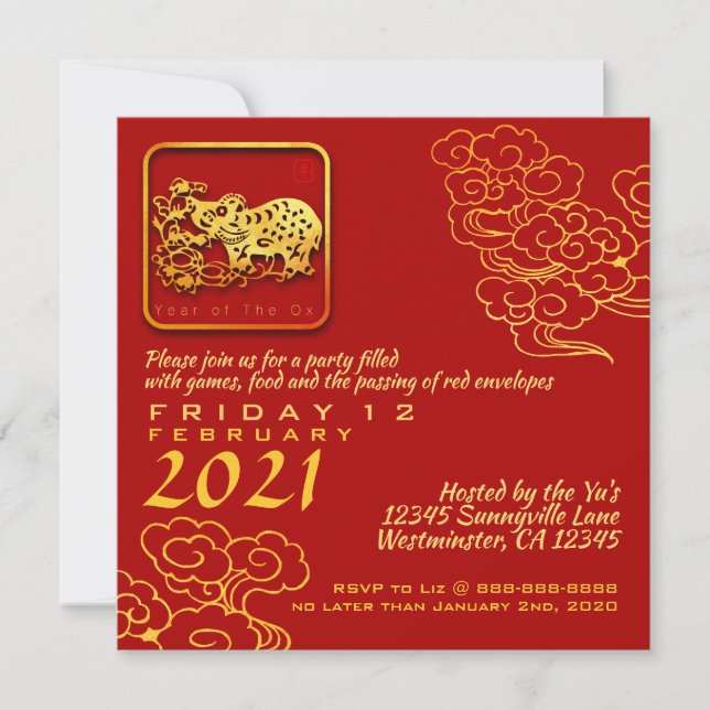 Auspicious Wolken Chinesisch Neujahr OX 2021 PInv Einladung (Vorderseite)