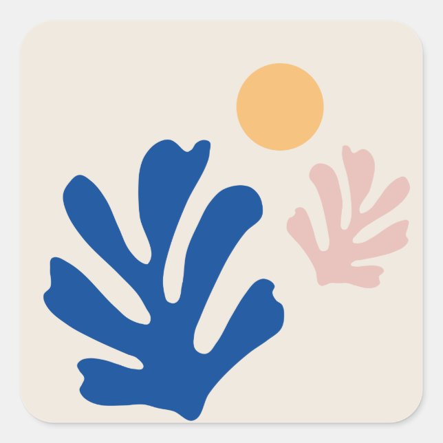 Ausschneiden Formen Blau Abstrakte Blätter und Son Quadratischer Aufkleber (Vorderseite)