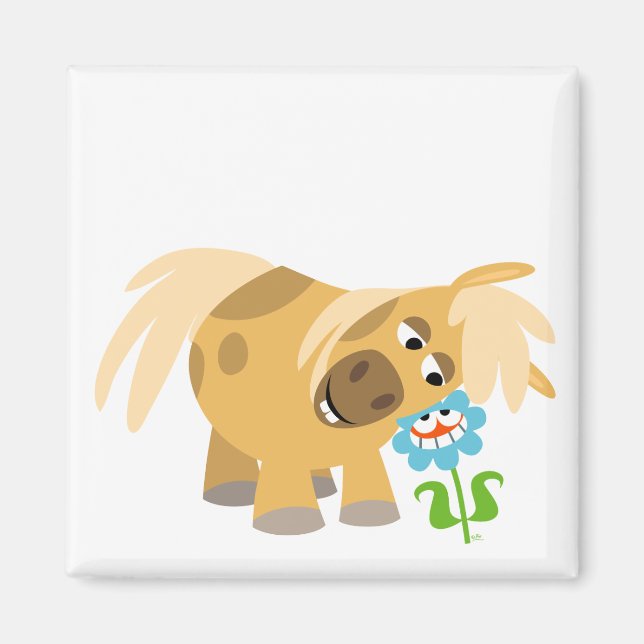 Ausschreibender Cartoon Pony und Blume Magnet (Vorne)