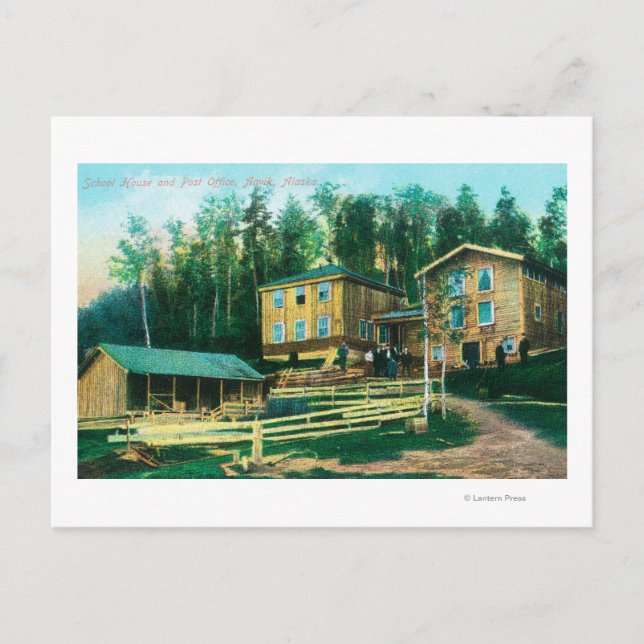 Außenansicht des Schulhauses und der Post Postkarte (Vorderseite)