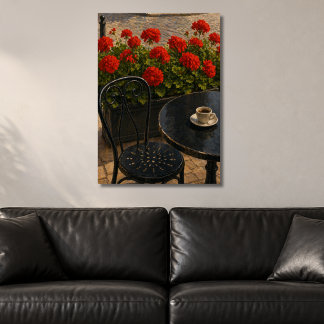Außenbereich-Café-Szene mit roten Geranien Poster