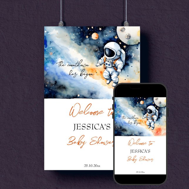 Außenraum Astronautenbaby Dusche Begrüßungszeichen Poster (Outer space astronaut baby shower editable template welcome sign poster digital download watercolor)