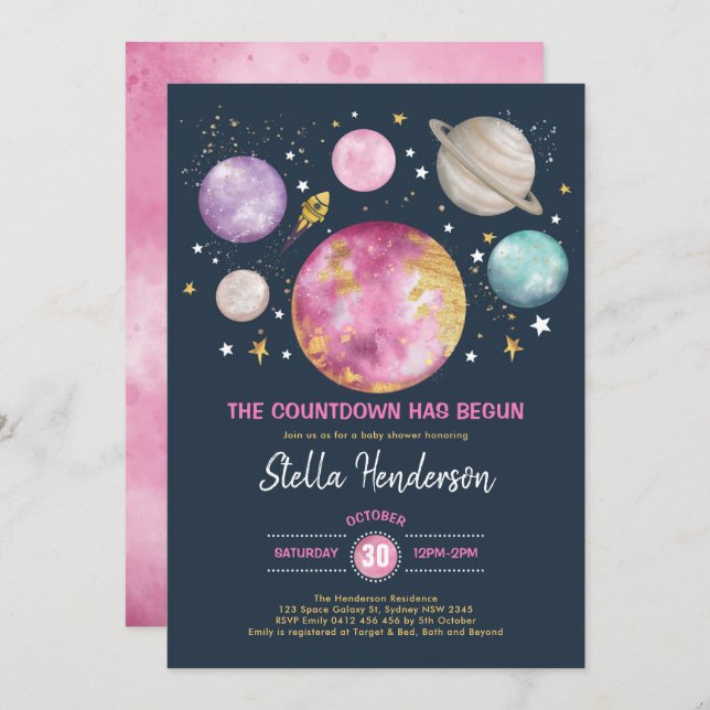 Außer Space Girl Baby Showmond Stars Galaxy Inv Einladung (Vorne/Hinten)