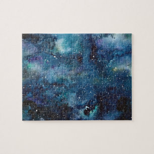 Äußerer Blauer Nebel Galaxie Wasserfarbe Puzzle