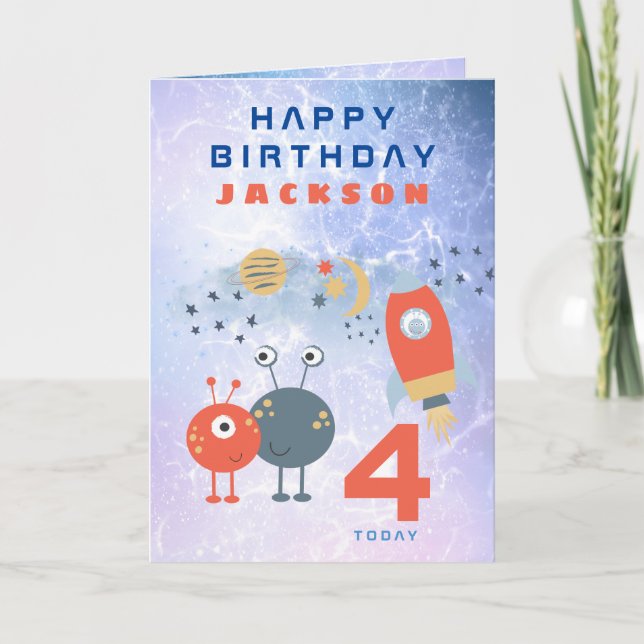 Außerirdischen Raumschiff Alter 4 Geburtstag Raumf Karte (Vorderseite)