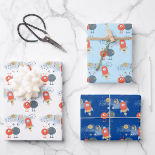 Außerirdischen Raumschiffe Boy Birthday White Blue Geschenkpapier Set