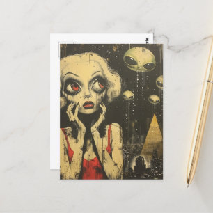 Außerirdischen und Frauen in Roter Kleidung Scifi Postkarte