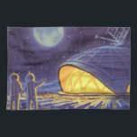 Außerirdischen zur Vintagen Science Fiction auf de Handtuch<br><div class="desc">Vintage Illustration futuristische Science Fiction Außerirdischen und Roboter im Weltraumbild. Ein klassisches Comic-Buch-Design mit freundlichen Alien-Astronauten auf einem fremden Planeten oder Mond auf einer Raumstation, die auf der Erde herauf und winkt. Sterne funkeln am Nachthimmel.</div>