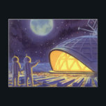 Außerirdischen zur Vintagen Science Fiction auf de Postkarte<br><div class="desc">Vintage Illustration futuristische Science Fiction Außerirdischen und Roboter im Weltraumbild. Ein klassisches Comic-Buch-Design mit freundlichen Alien-Astronauten auf einem fremden Planeten oder Mond auf einer Raumstation,  die auf der Erde herauf und winkt. Sterne funkeln am Nachthimmel.</div>