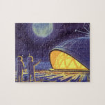 Außerirdischen zur Vintagen Science Fiction auf de Puzzle<br><div class="desc">Vintage Illustration futuristische Science Fiction Außerirdischen und Roboter im Weltraumbild. Ein klassisches Comic-Buch-Design mit freundlichen Alien-Astronauten auf einem fremden Planeten oder Mond auf einer Raumstation,  die auf der Erde herauf und winkt. Sterne funkeln am Nachthimmel.</div>