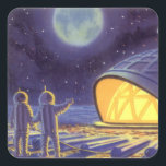 Außerirdischen zur Vintagen Science Fiction auf de Quadratischer Aufkleber<br><div class="desc">Vintage Illustration futuristische Science Fiction Außerirdischen und Roboter im Weltraumbild. Ein klassisches Comic-Buch-Design mit freundlichen Alien-Astronauten auf einem fremden Planeten oder Mond auf einer Raumstation,  die auf der Erde herauf und winkt. Sterne funkeln am Nachthimmel.</div>