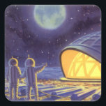 Außerirdischen zur Vintagen Science Fiction auf de Quadratischer Aufkleber<br><div class="desc">Vintage Illustration futuristische Science Fiction Außerirdischen und Roboter im Weltraumbild. Ein klassisches Comic-Buch-Design mit freundlichen Alien-Astronauten auf einem fremden Planeten oder Mond auf einer Raumstation,  die auf der Erde herauf und winkt. Sterne funkeln am Nachthimmel.</div>