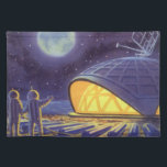 Außerirdischen zur Vintagen Science Fiction auf de Stofftischset<br><div class="desc">Vintage Illustration futuristische Science Fiction Außerirdischen und Roboter im Weltraumbild. Ein klassisches Comic-Buch-Design mit freundlichen Alien-Astronauten auf einem fremden Planeten oder Mond auf einer Raumstation,  die auf der Erde herauf und winkt. Sterne funkeln am Nachthimmel.</div>