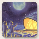 Außerirdischen zur Vintagen Science Fiction auf de Untersetzer<br><div class="desc">Vintage Illustration futuristische Science Fiction Außerirdischen und Roboter im Weltraumbild. Ein klassisches Comic-Buch-Design mit freundlichen Alien-Astronauten auf einem fremden Planeten oder Mond auf einer Raumstation,  die auf der Erde herauf und winkt. Sterne funkeln am Nachthimmel.</div>