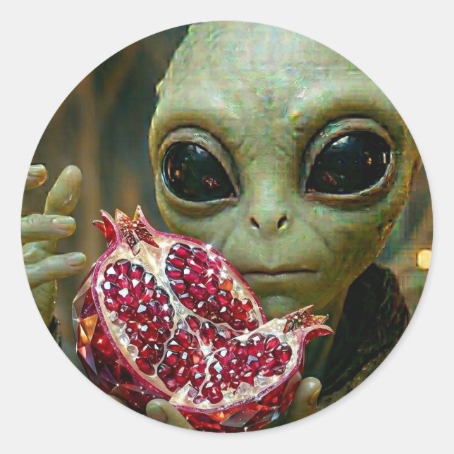 Außerirdischer Alien und Granatapfel   Runder Aufkleber (Vorderseite)