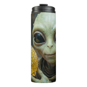 Außerirdischer Alien und kristalliner Zitrone   Thermosbecher