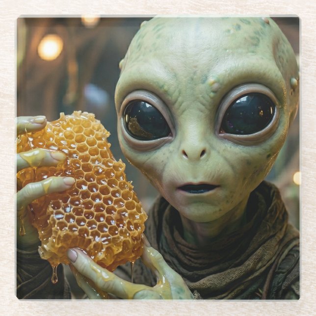 Außerirdisches Alien-Wesen mit Honigwabe Glasuntersetzer (Vorderseite)