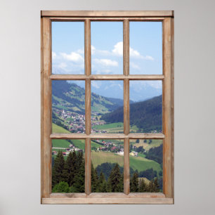 Aussicht auf das Bergtal von einem Fenster aus Poster