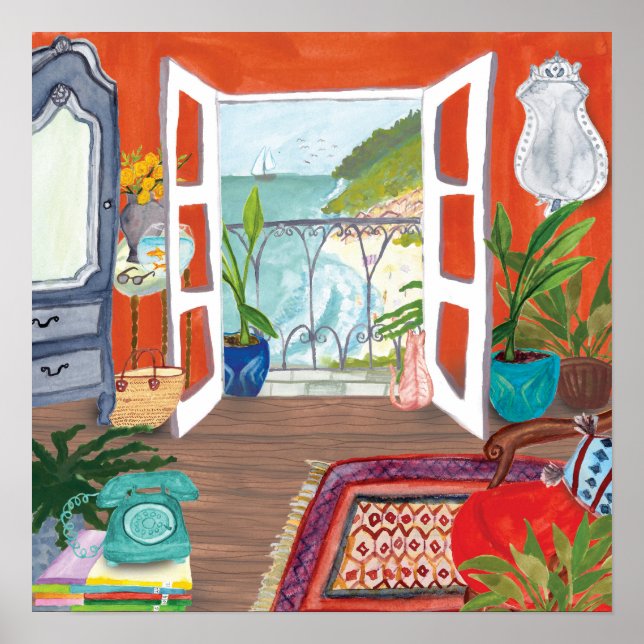 Aussicht auf das Meer Apartment Räume Wasserfarbe  Poster (Vorne)