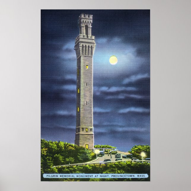 Aussicht auf das Pilgerdenkmal in der Nacht Poster (Vorne)