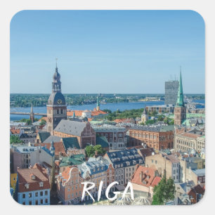 Aussicht auf das Stadtzentrum von Riga von oben Quadratischer Aufkleber