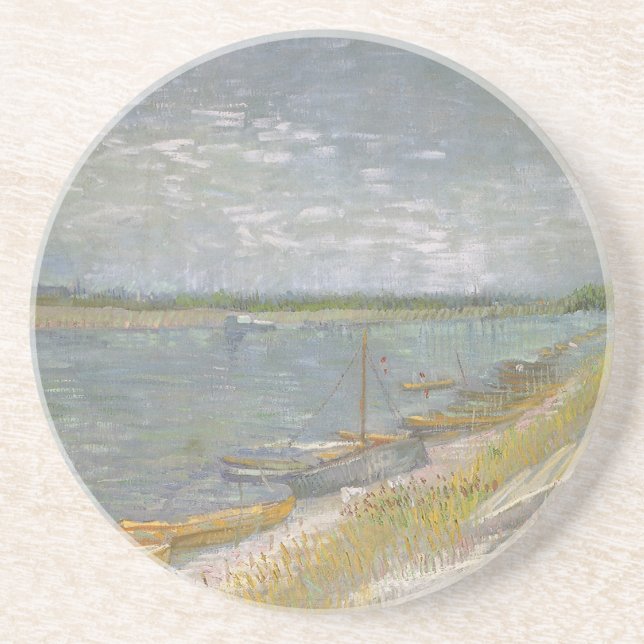 Aussicht auf den Fluss w Ruderboote von Vincent va Sandstein Untersetzer (Vorne)